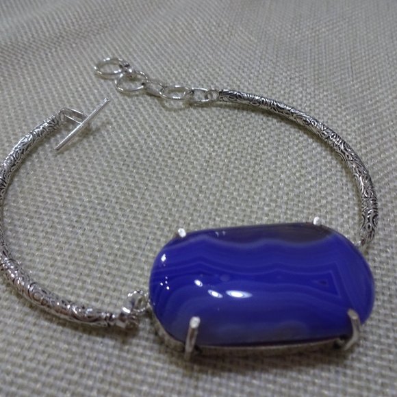 Gorgeous "PURPLE BOTSWANA AGATE" Handmade Sterling Stamped Bangle Bracelet 872A - Picture 1 of 3